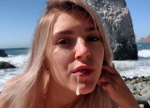 A Russian teen girl swallows hot cum on Californian public beach Porn